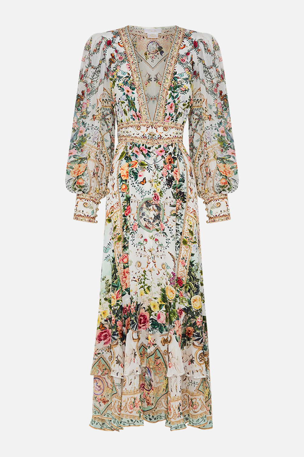 Product view of CAMILLA silk maxi dress in Renaissance Romance print