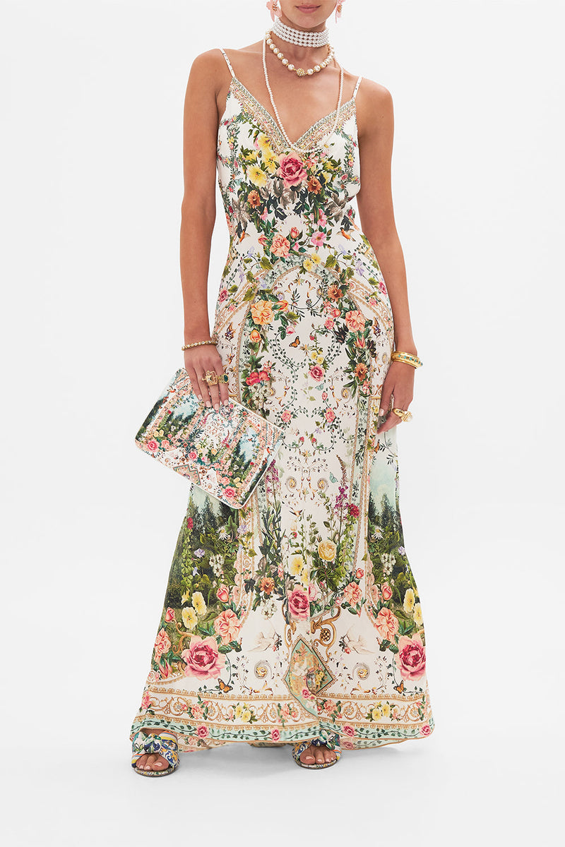 Camilla V-Neck Full Length Bias Slip Dress in Monserrate Magic main image 0