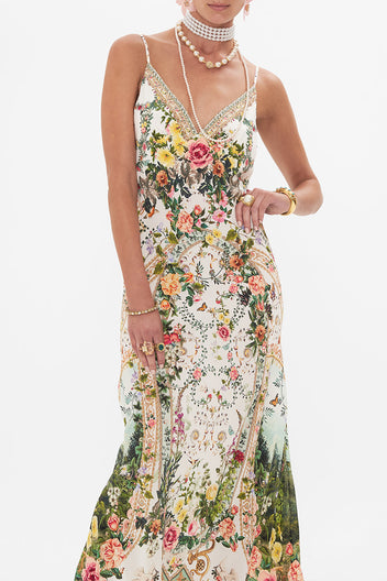 V NECK BIAS SLIP DRESS WITH BACK FRILL A BELOVED BOUDOIR