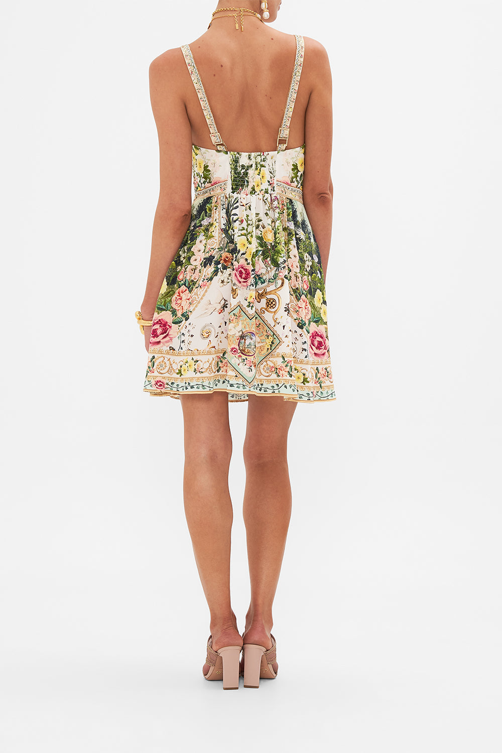 Back view of model wearing CAMILLA cut out mini dress in Renaissance Romance print