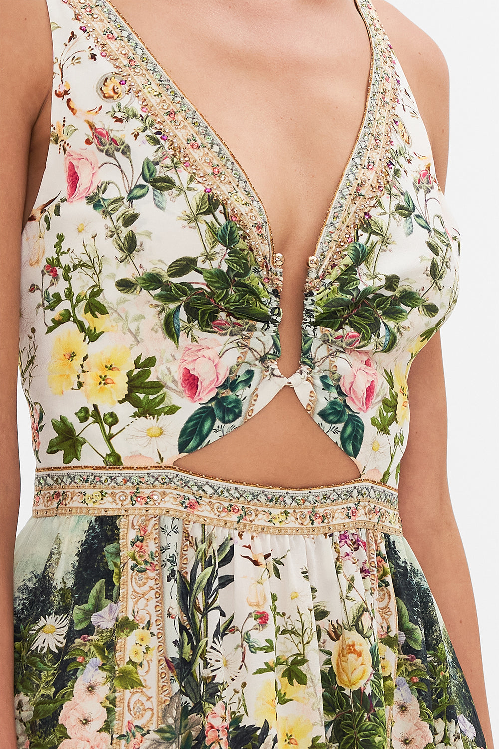 Detail view of model wearing CAMILLA cut out mini dress in Renaissance Romance print