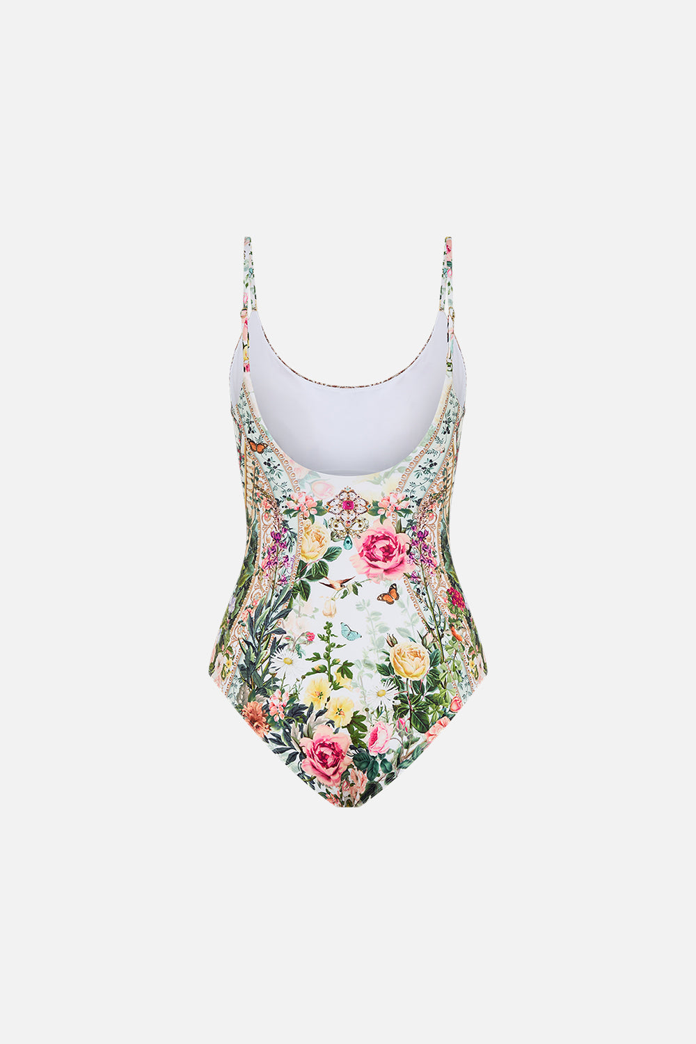 Detail view of model wearing CAMILLA designer one piece swimsuit in Renaissance Romance print 