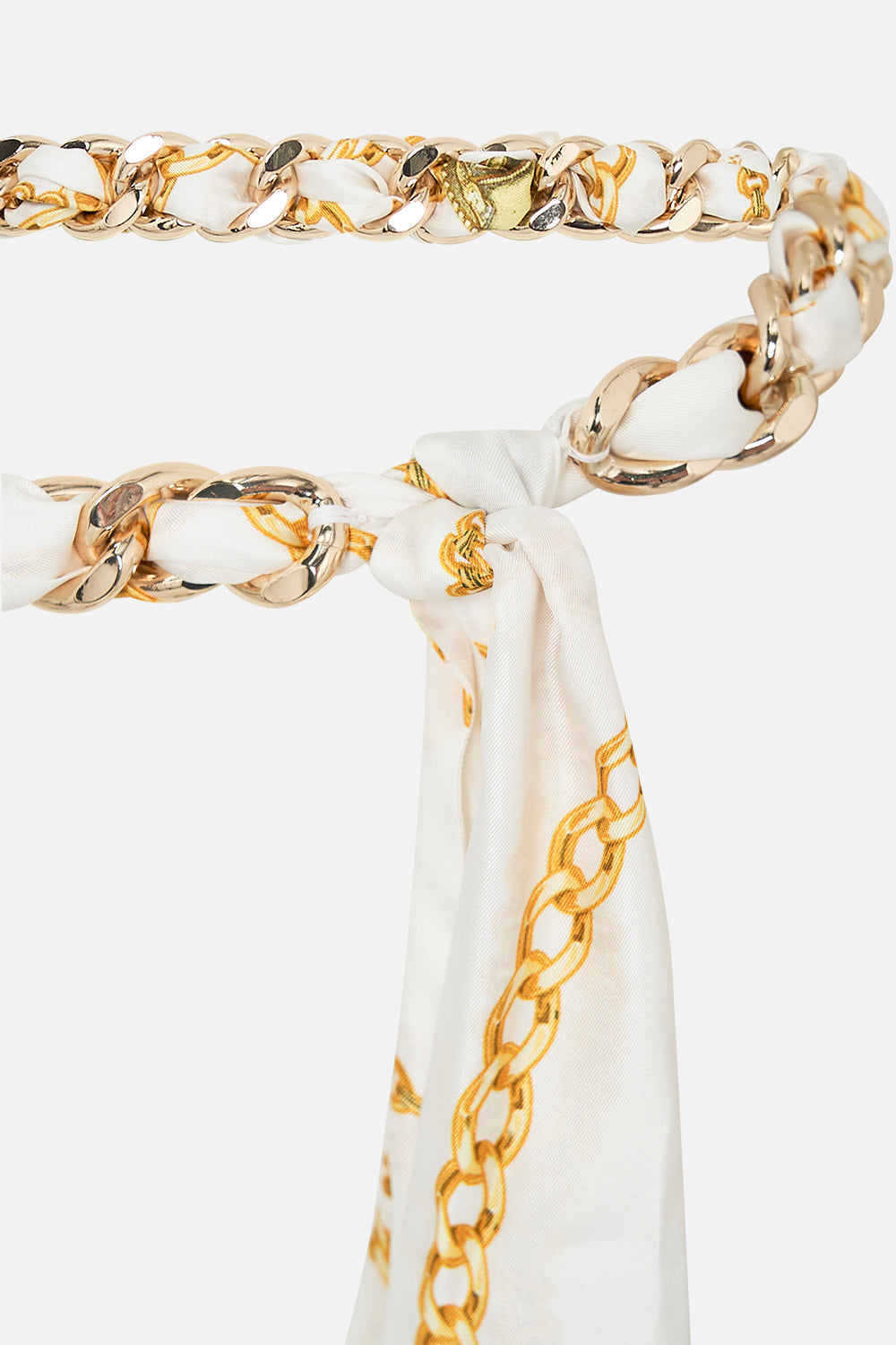 Detail view of CAMILLA scarf chain belt in My Sweet Devotion print 