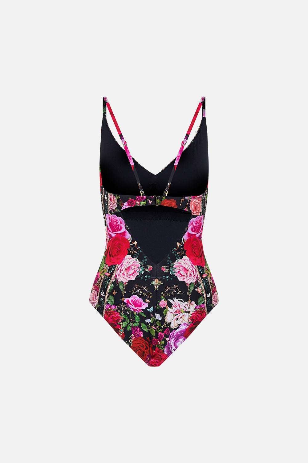 Detail view of model wearing CAMILLA underwire one piece swimsuit in Reservation For Love print 