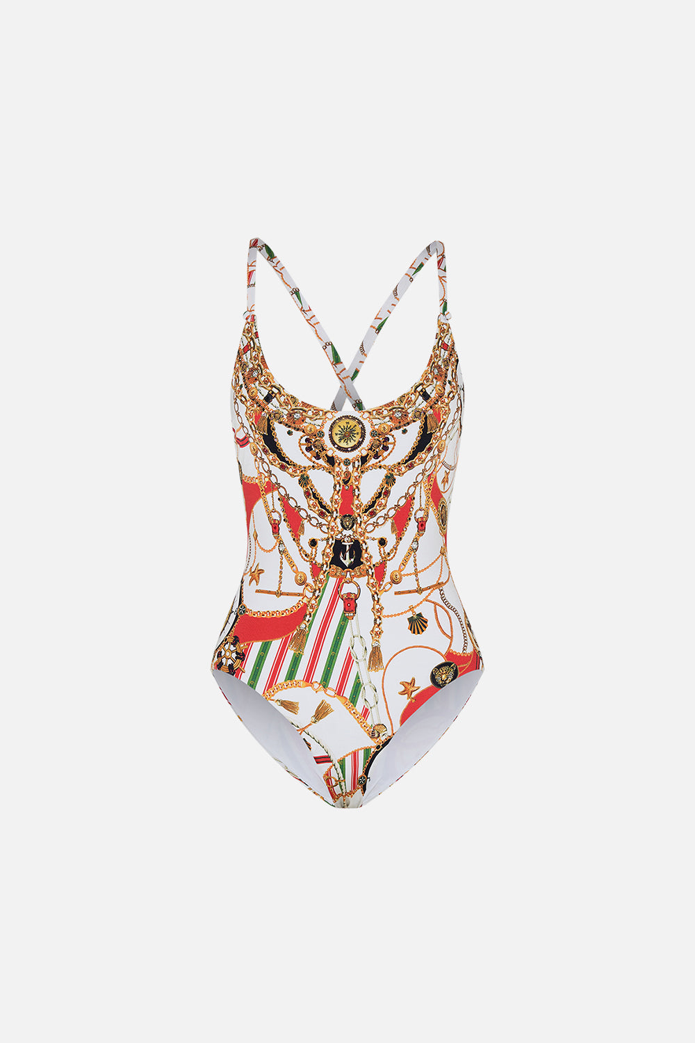 Product view of CAMILLA designer one piece swimsuit in Saluti Summertime print