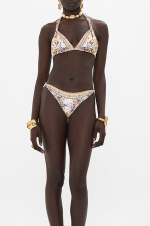 Crop view of model wearing CAMILLA designer bikini in Sail Away With Me print