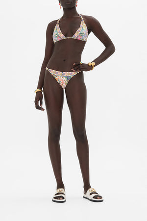 Front view of model wearing CAMILLA resortwear floral bikini Flowers of Neptune print 