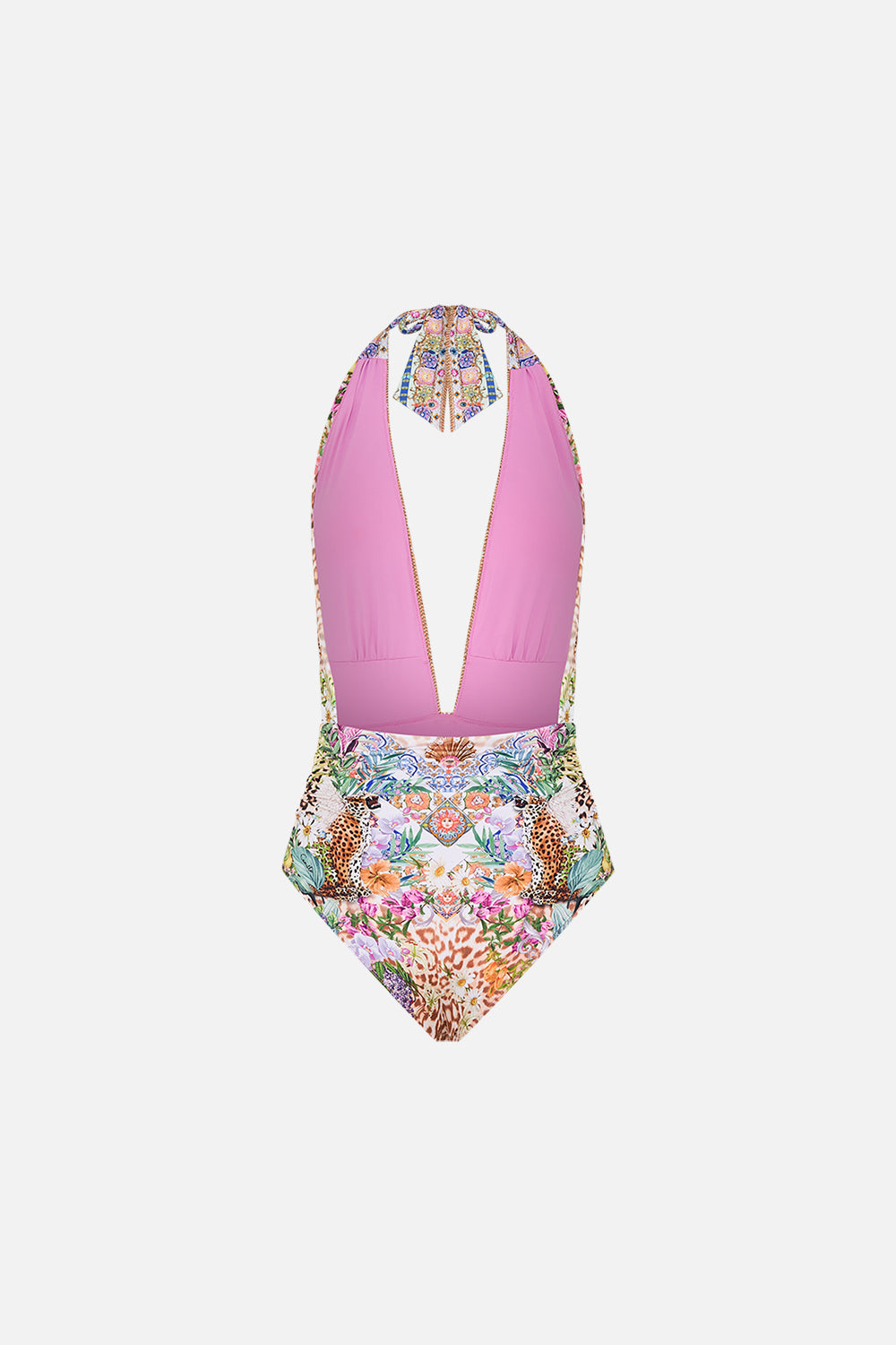 Detail view of model wearing CAMILLA resortwear floral onepiece swimsuit in Flowers Of Neptune print 