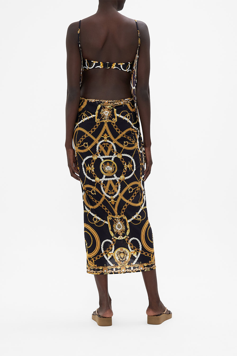 Back view of model wearing CAMILLA resortwear sarong dress in Coast To Coast print