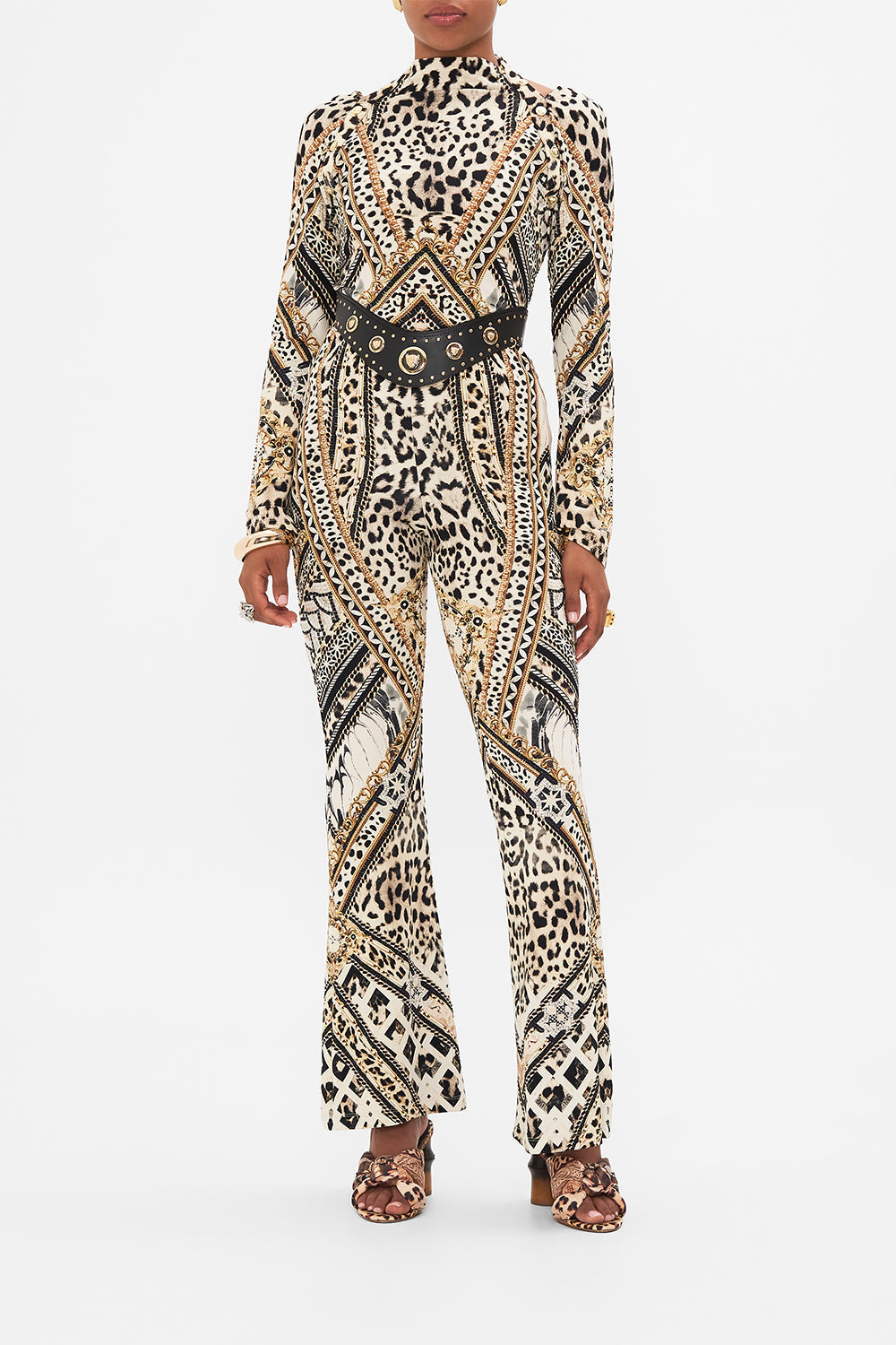 Style view of model wearing CAMILLA animal print top in Mosaic Muse print