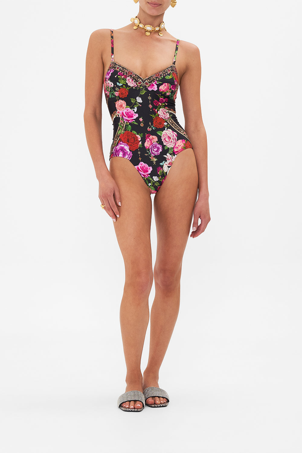 Front view of model wearing CAMILLA floral one piece swimsuit in Reservation for Love print