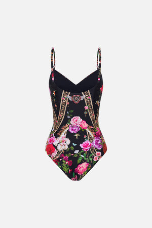 Detail view of model wearing CAMILLA floral one piece swimsuit in Reservation for Love print