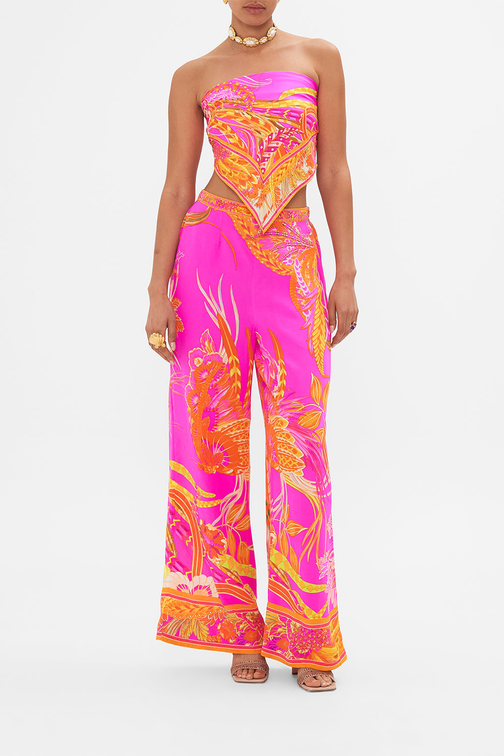 Front view of model wearing CAMILLA silk wide leg pant in A Heart That Flutters print