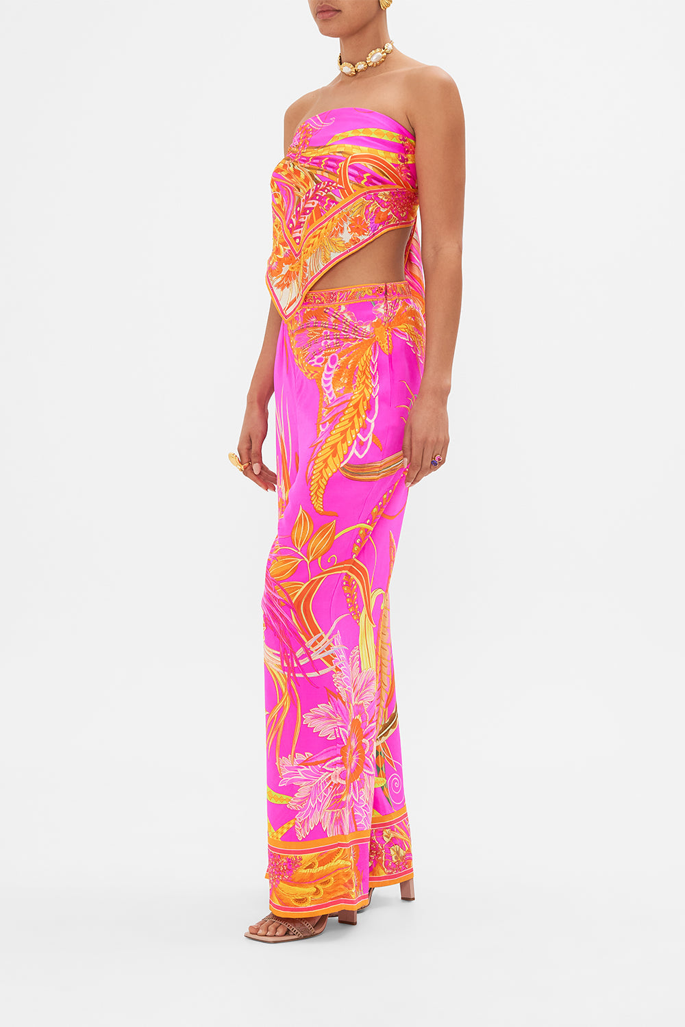 Side view of model wearing CAMILLA silk wide leg pant in A Heart That Flutters print