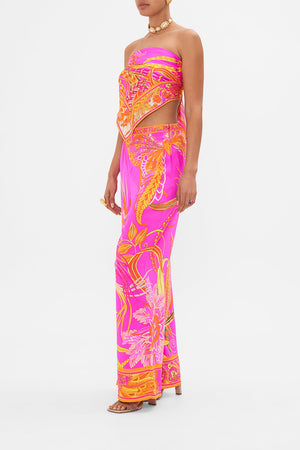 Side view of model wearing CAMILLA silk wide leg pant in A Heart That Flutters print