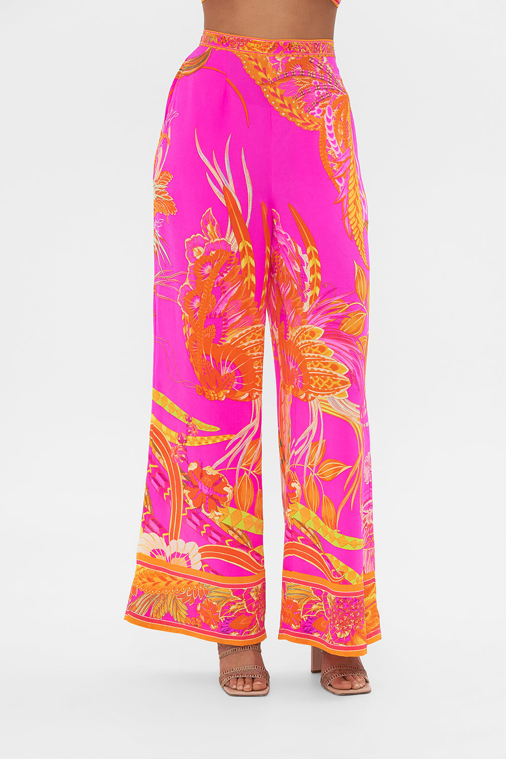 Crop view of model wearing CAMILLA silk wide leg pant in A Heart That Flutters print