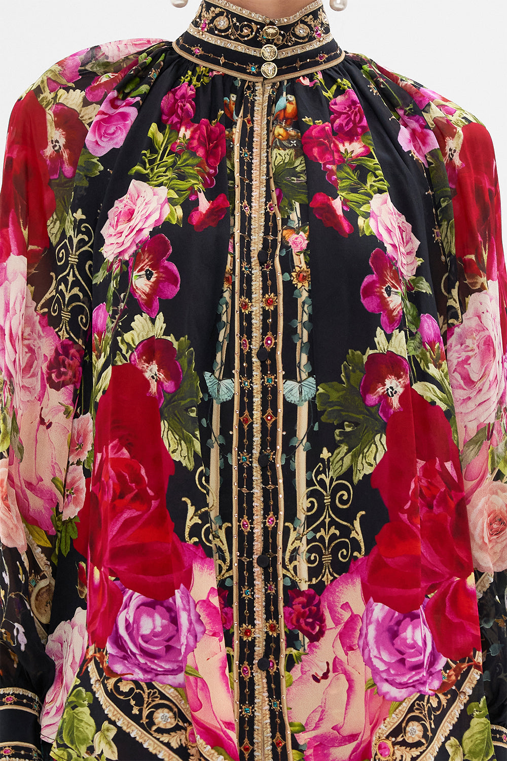 Dertail view of CAMILLA silk shirt in Reservation For Love print