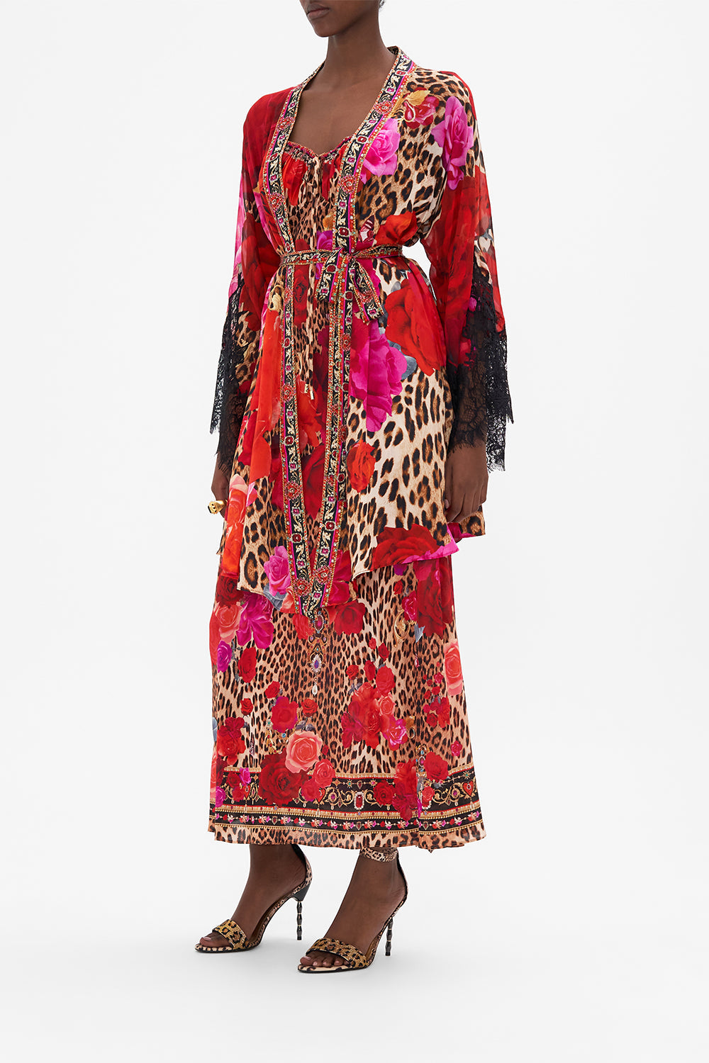 Side view of model wearing CAMILLA silk kimono jacket in Heart Like A Wildflower print 