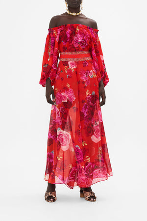 Front view of model wearing CAMILLA silk palazzo pant in An Italian Rosa print