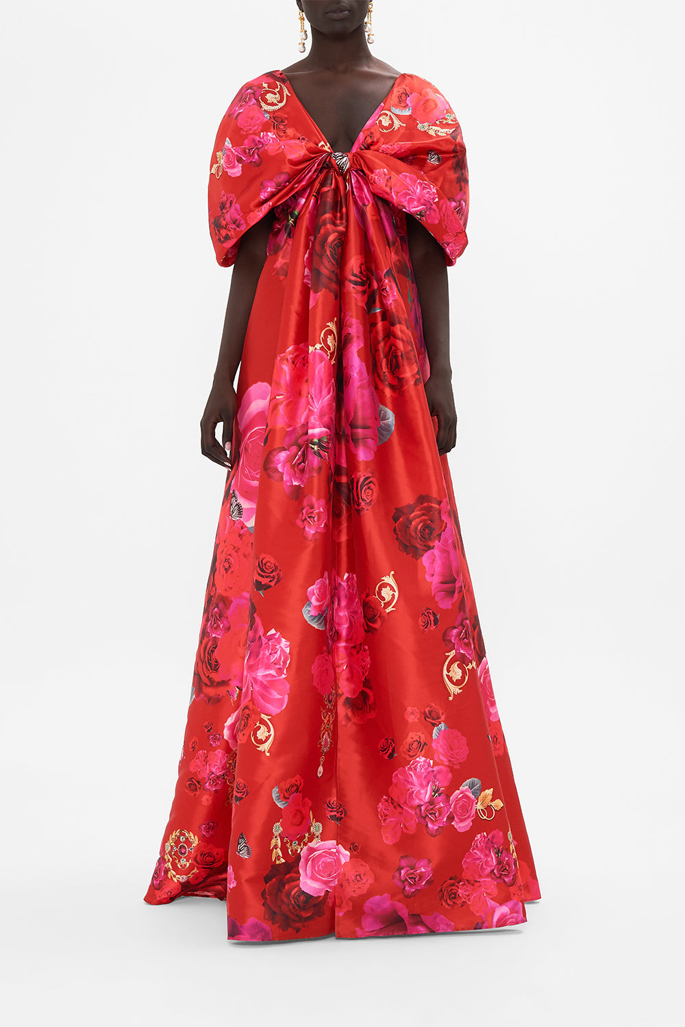 Front view of model wearing CAMILLA taffeta maxi dress with bow detail in An Italian Rosa print  