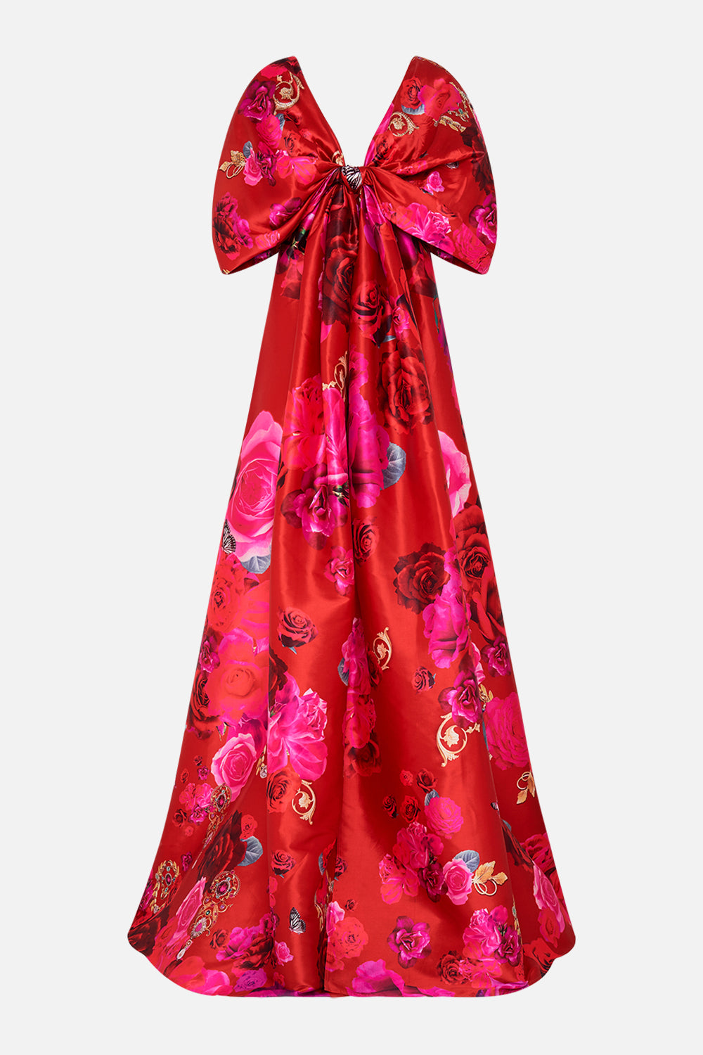 Product view of CAMILLA taffeta maxi dress with bow detail in An Italian Rosa print  