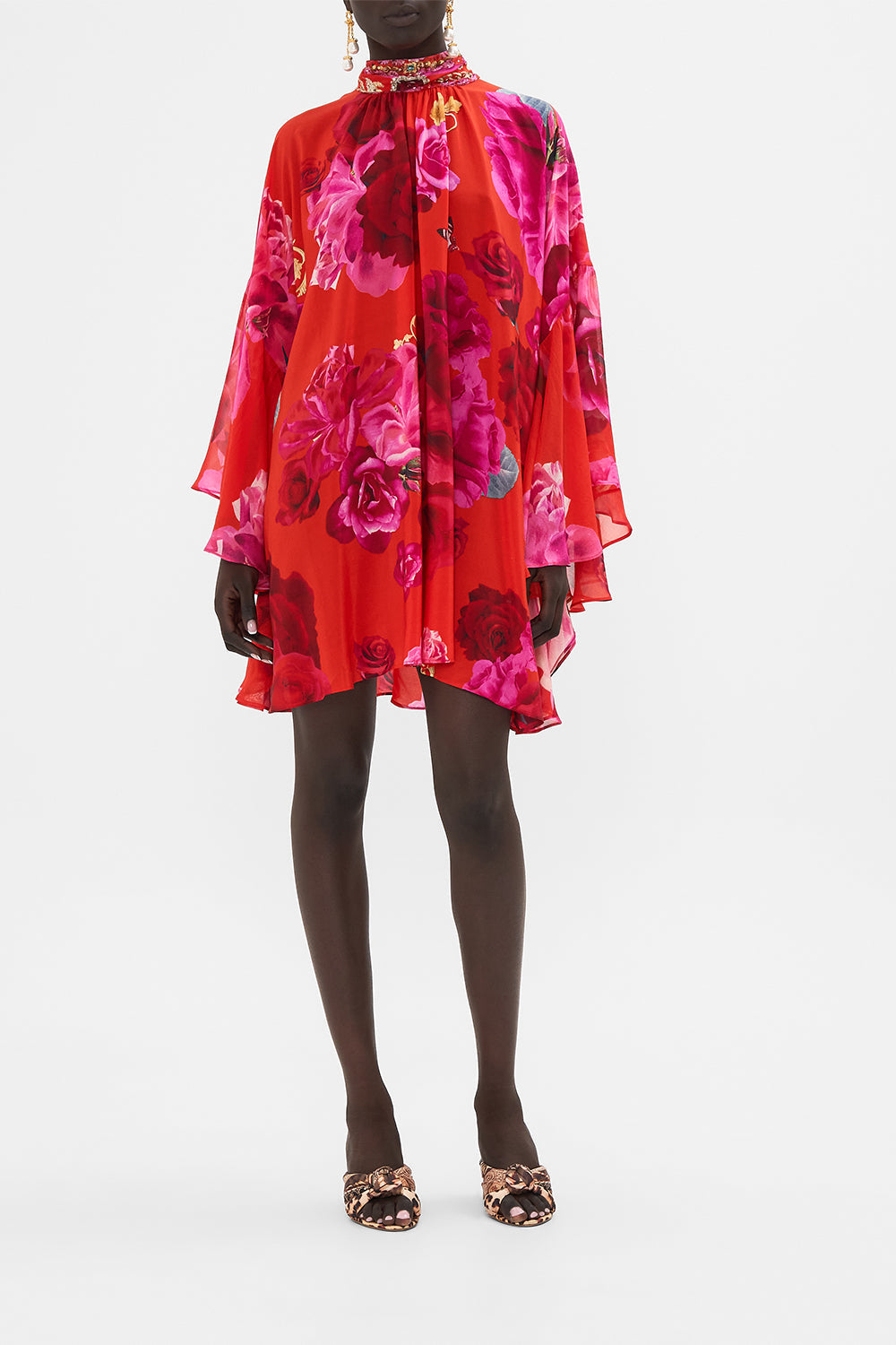 Front view of model wearing CAMILLA high neck silk dress in An Italian Rosa print