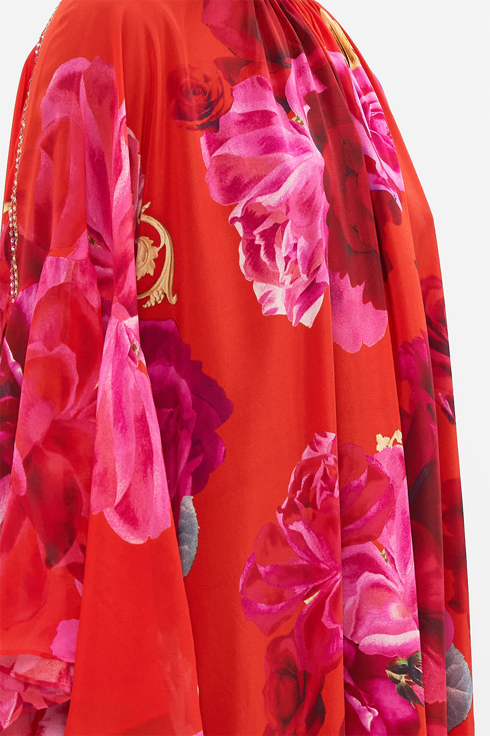 Detail view of model wearing CAMILLA high neck silk dress in An Italian Rosa print