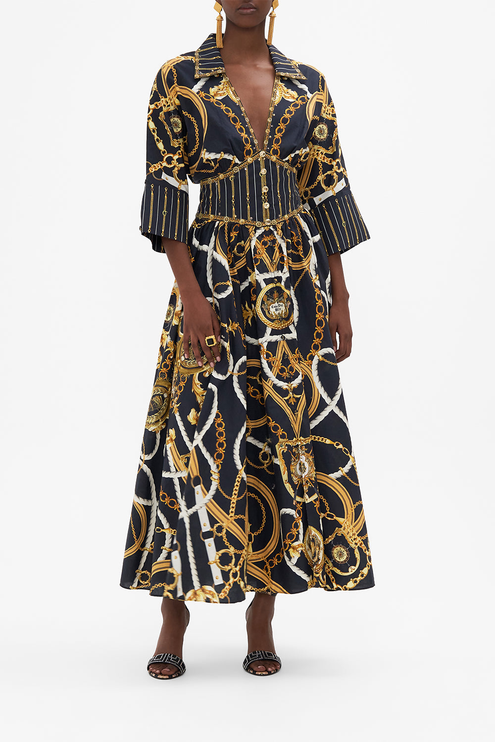 Front view of model wearing CAMILLA silkmidi dress in Coast To Coast print
