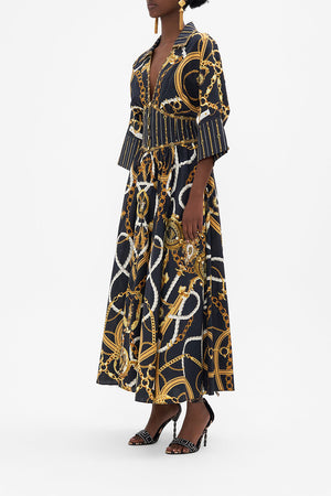 Side view of model wearing CAMILLA silkmidi dress in Coast To Coast print