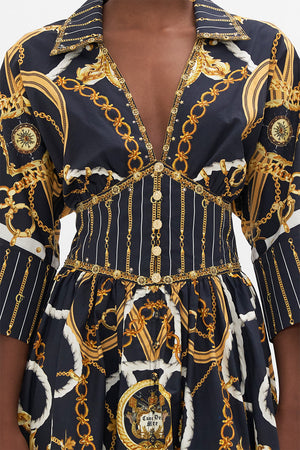 Detail view of model wearing CAMILLA silkmidi dress in Coast To Coast print