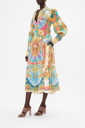 Side view of model wearing CAMILLA shirt dress in Sail Away With me print
