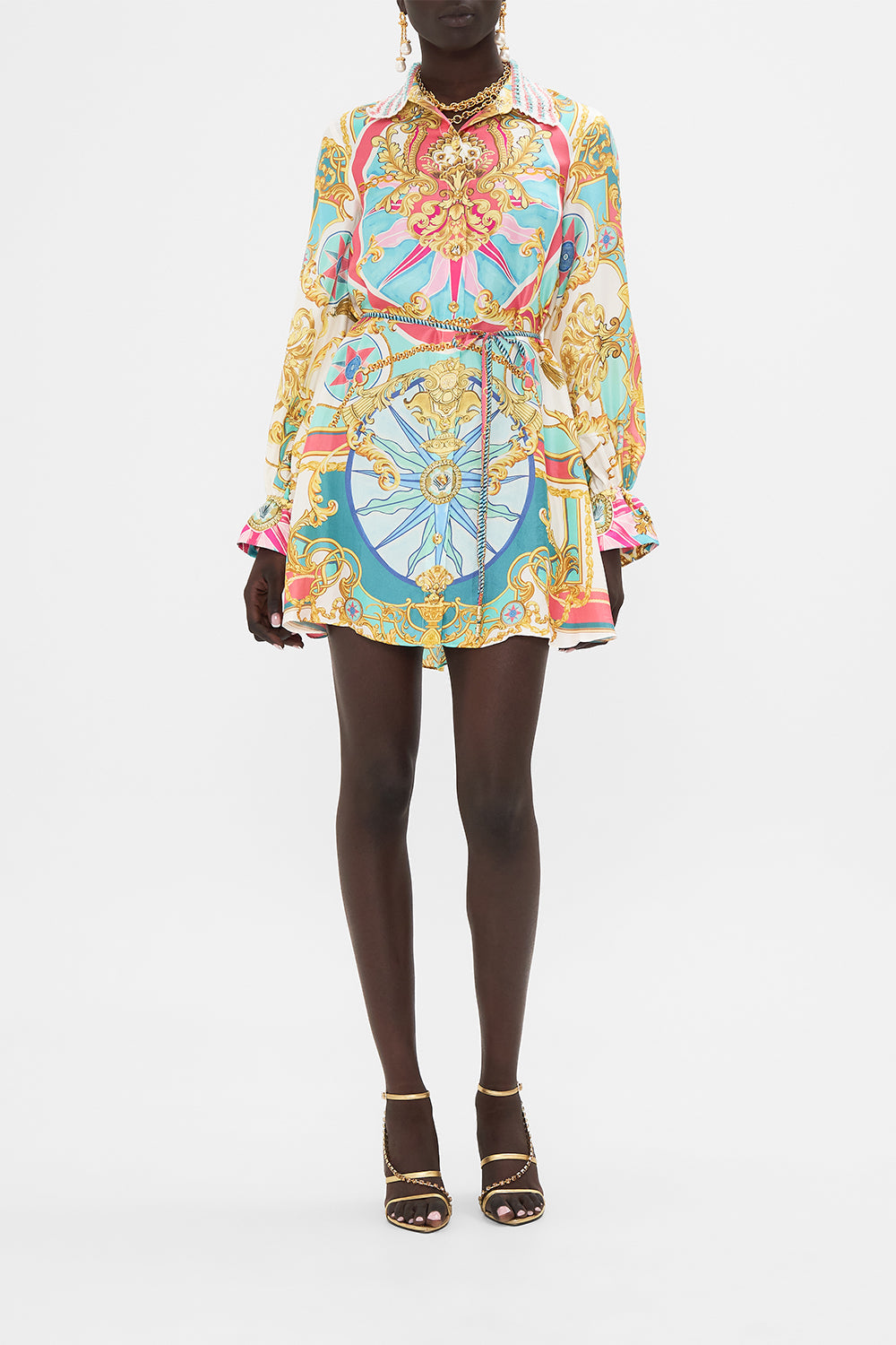 Front view of model wearing CAMILLA silk shirtdress in Sail Away With Me print