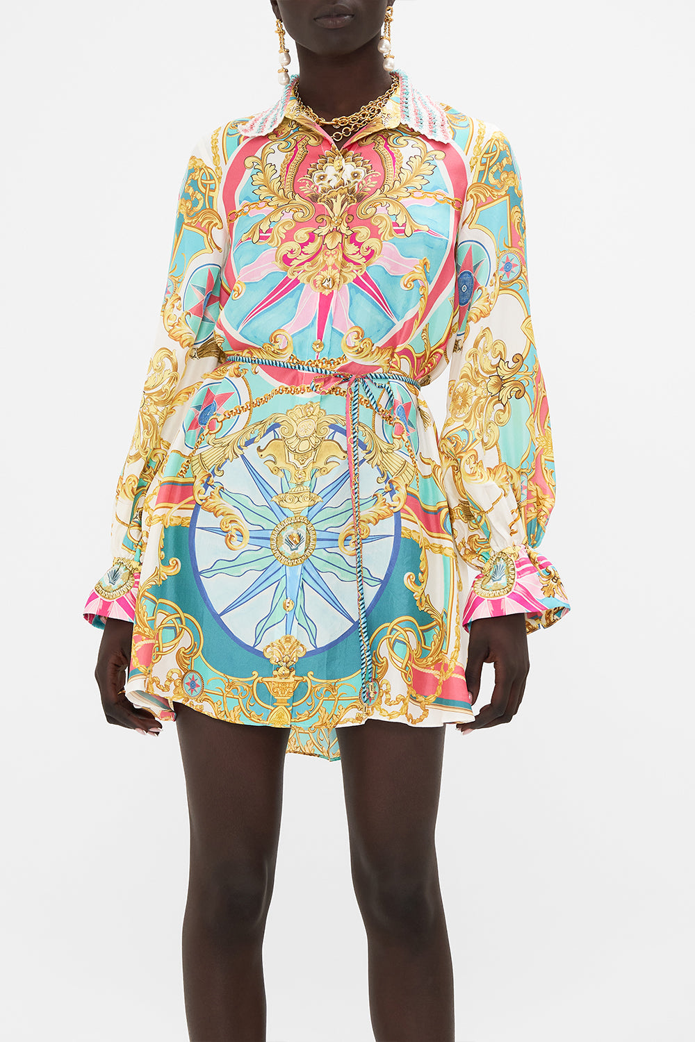 Crop view of model wearing CAMILLA silk shirtdress in Sail Away With Me print