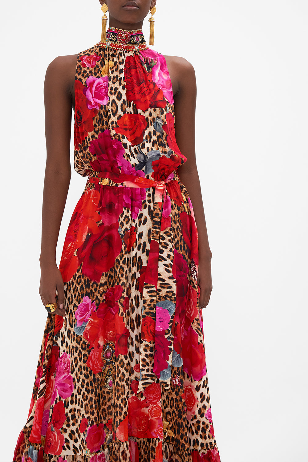 Crop view of model wearing CAMILLA floral silk dress with neck tie in Heart Likle A Wildflower print