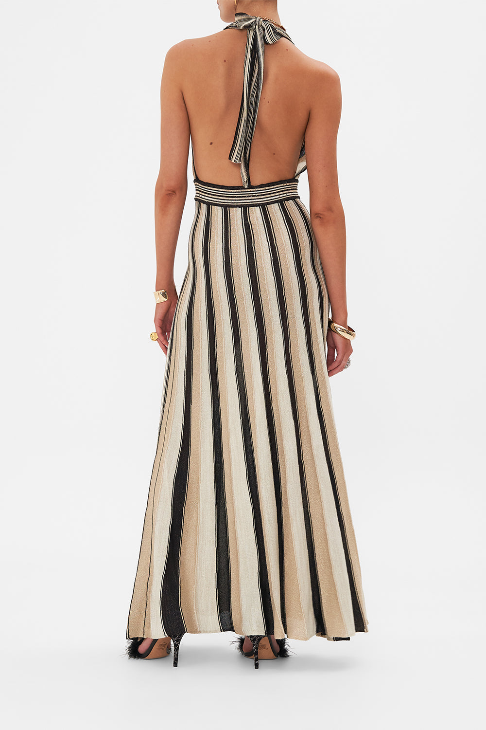 Back view of model wearing CAMILLA knit dress in Soul Of A Stargazer 