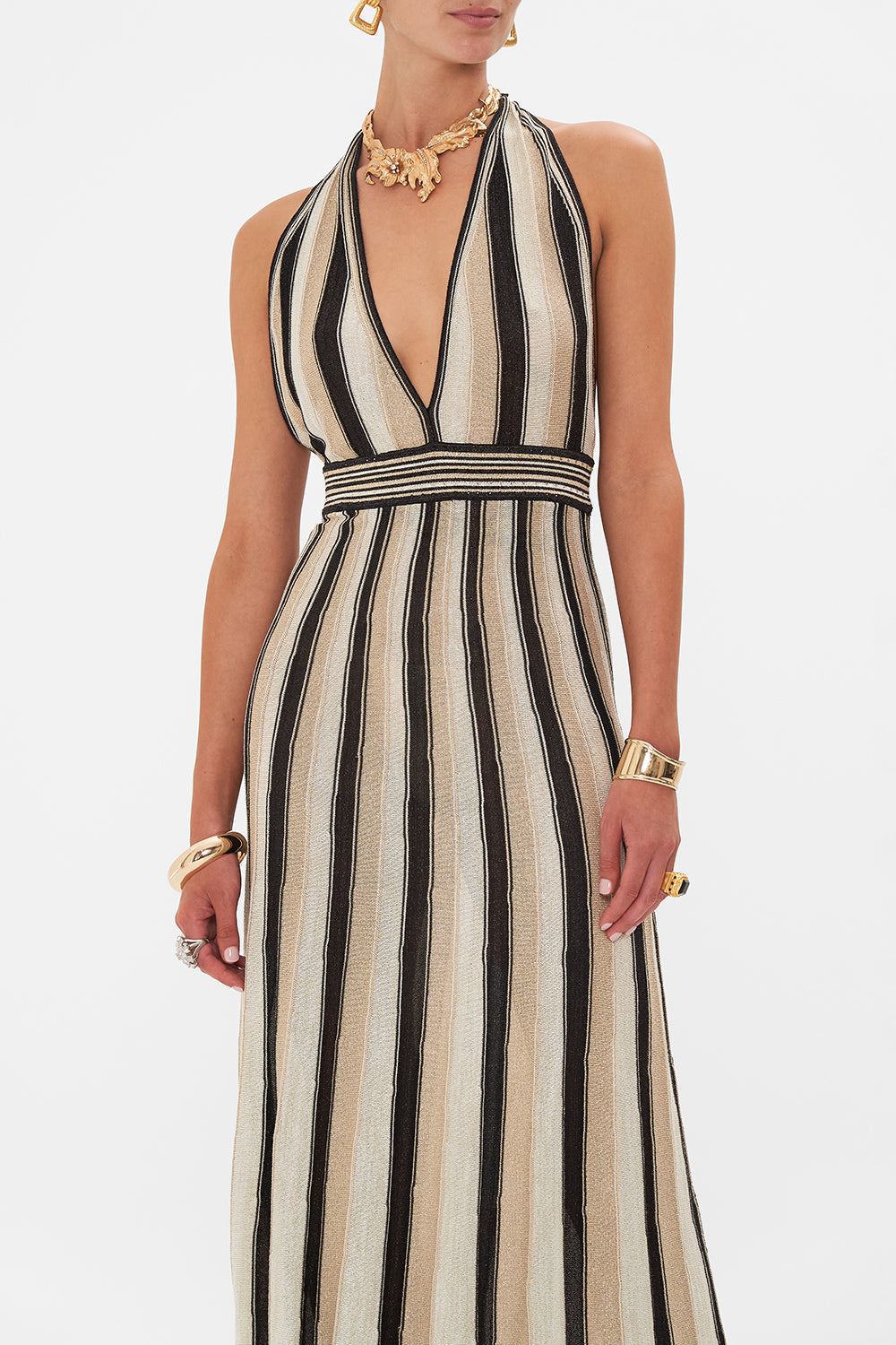 Crop view of model wearing CAMILLA knit dress in Soul Of A Stargazer 