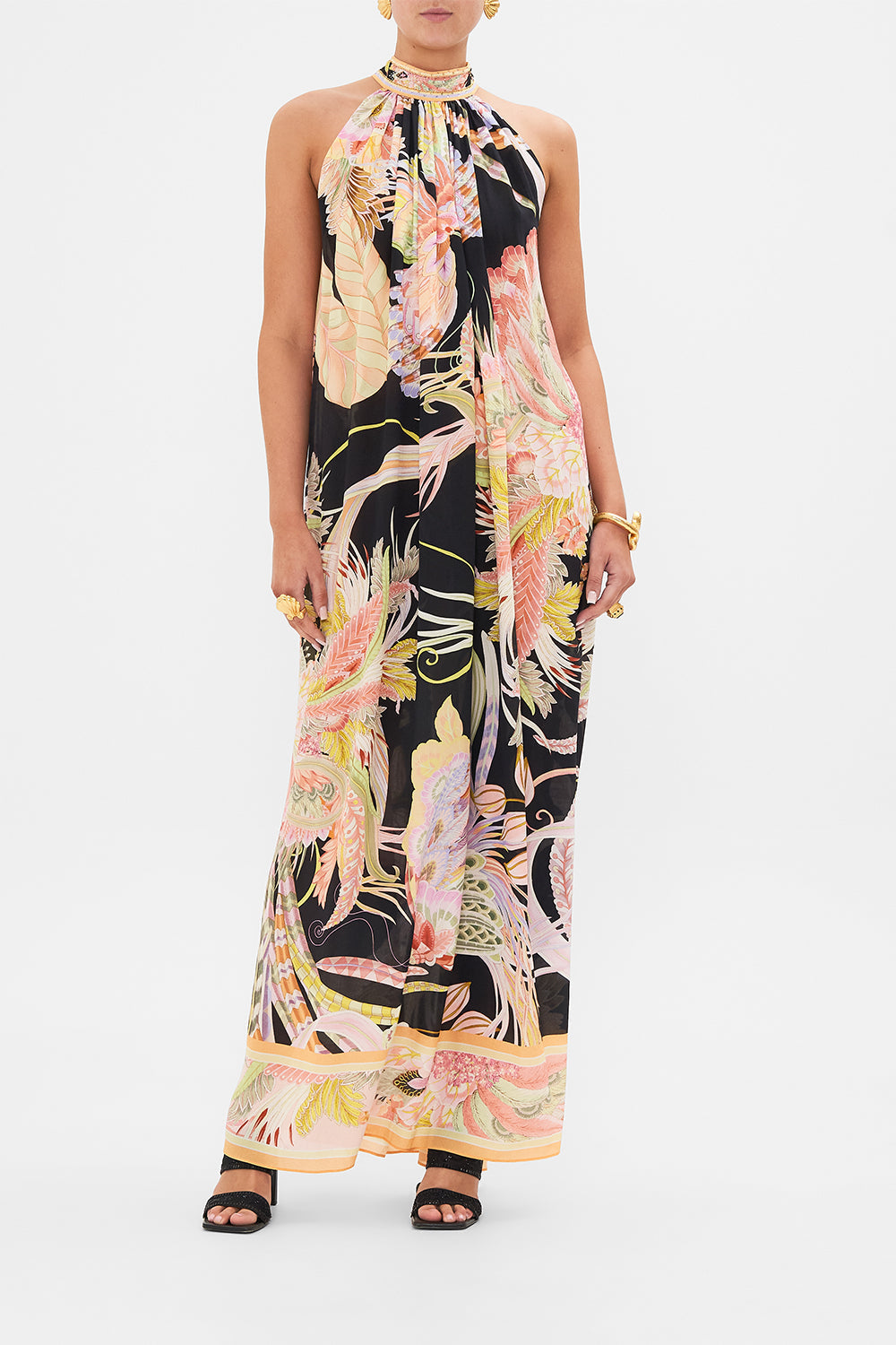 Front view of model wearing CAMILLA silk floral maxi dress in Lady of The Moon print