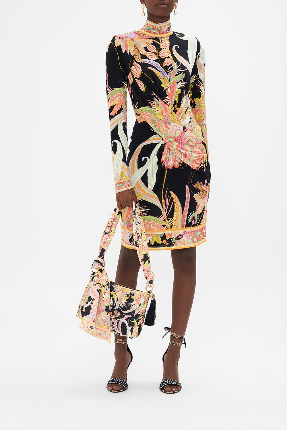 Front view of CAMILLA designer jersey mini dress in Lady of The Moon print