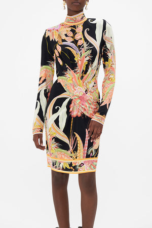 Detail view of CAMILLA designer jersey mini dress in Lady of The Moon print