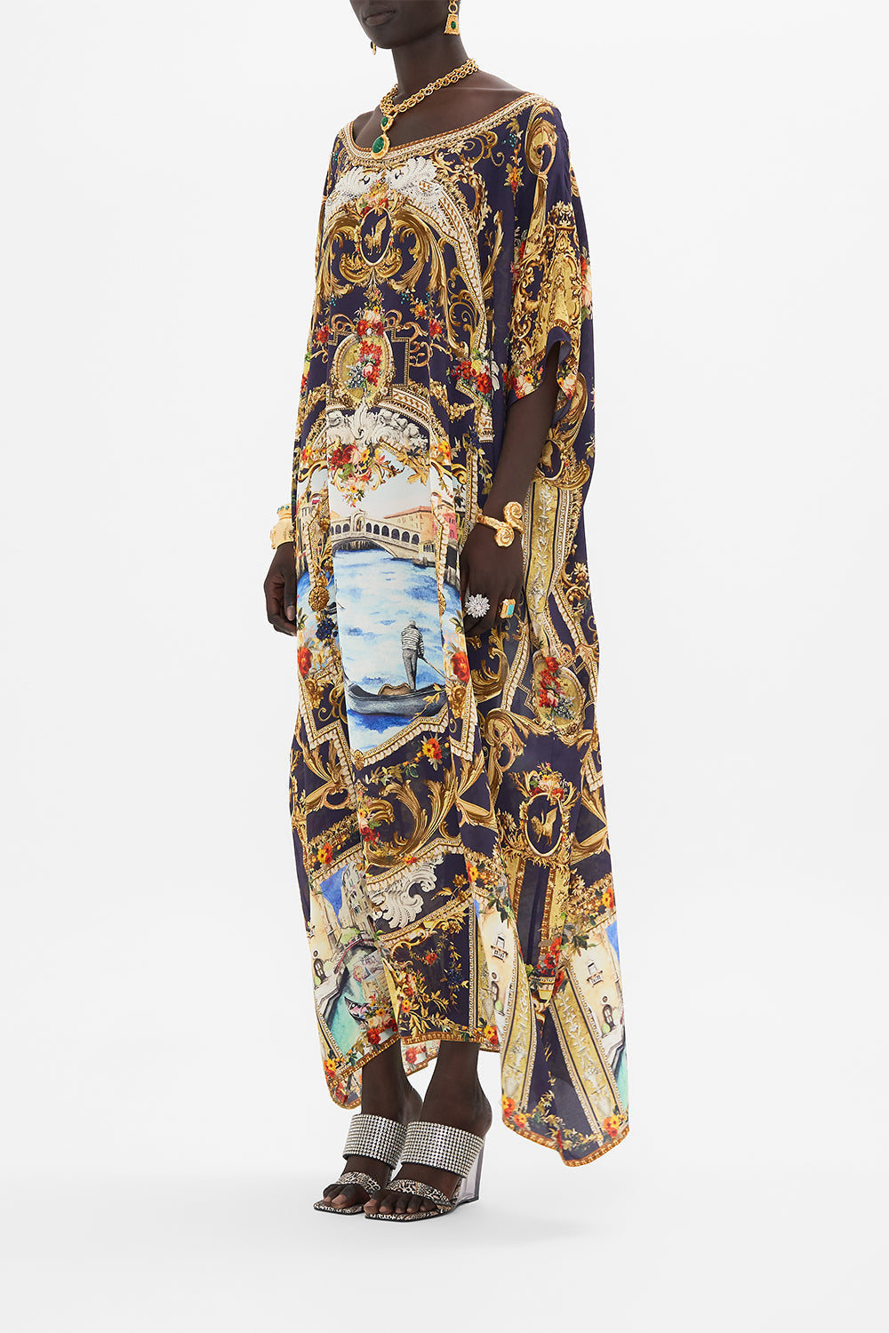 Side view of model wearing CAMILLA silk kaftan in Venice Vignette print
