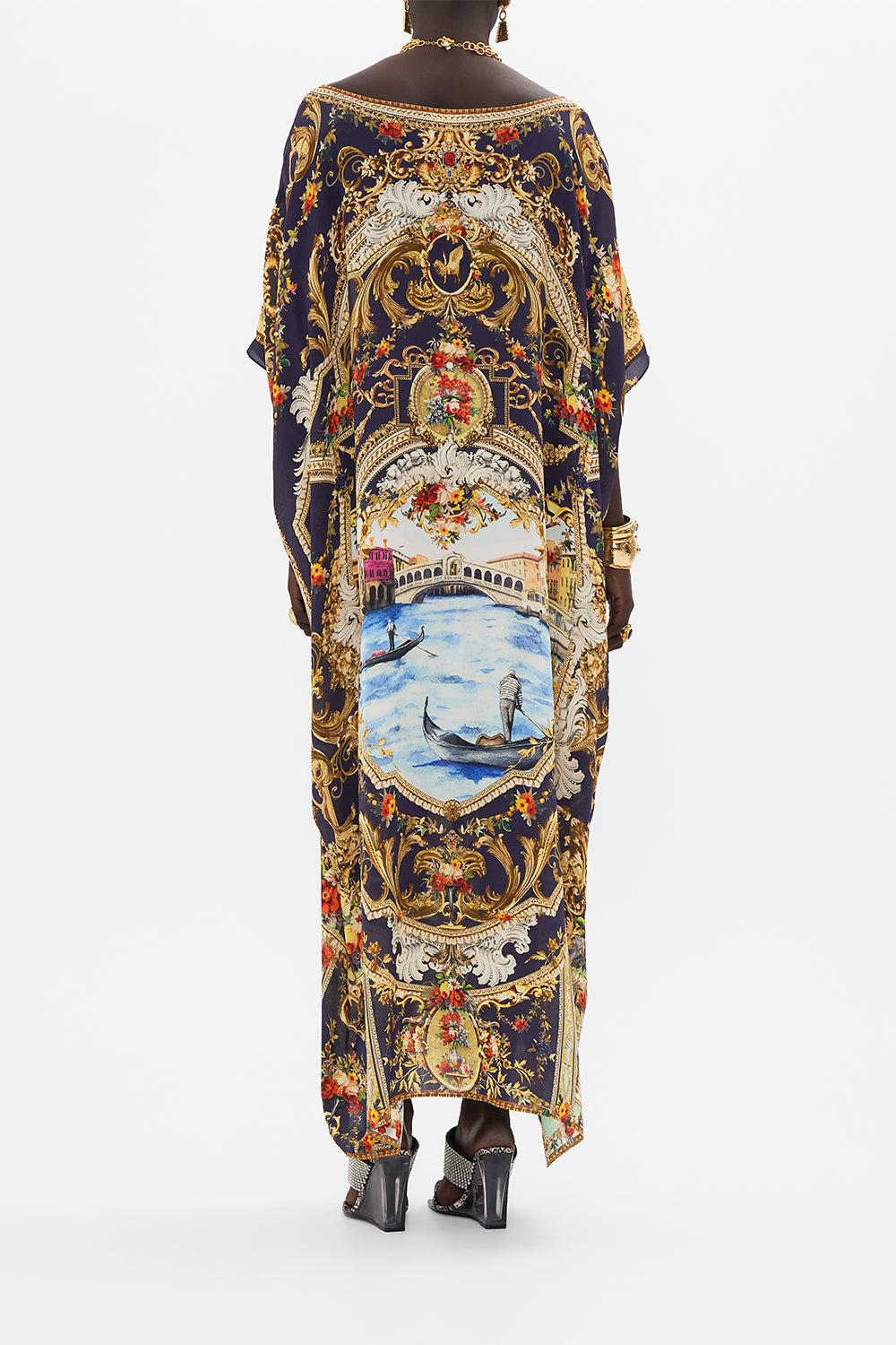 Back view of model wearing CAMILLA silk kaftan in Venice Vignette print