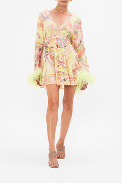 Front view of model wearing CAMILLA silk kimono mini dress with feathers in Cosmic Tuscan print