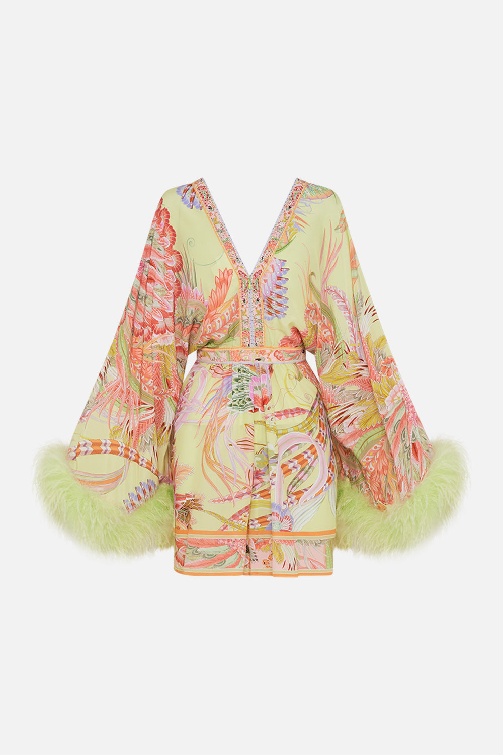 CAMILLA silk kimono mini dress with feathers in Cosmic Tuscan print