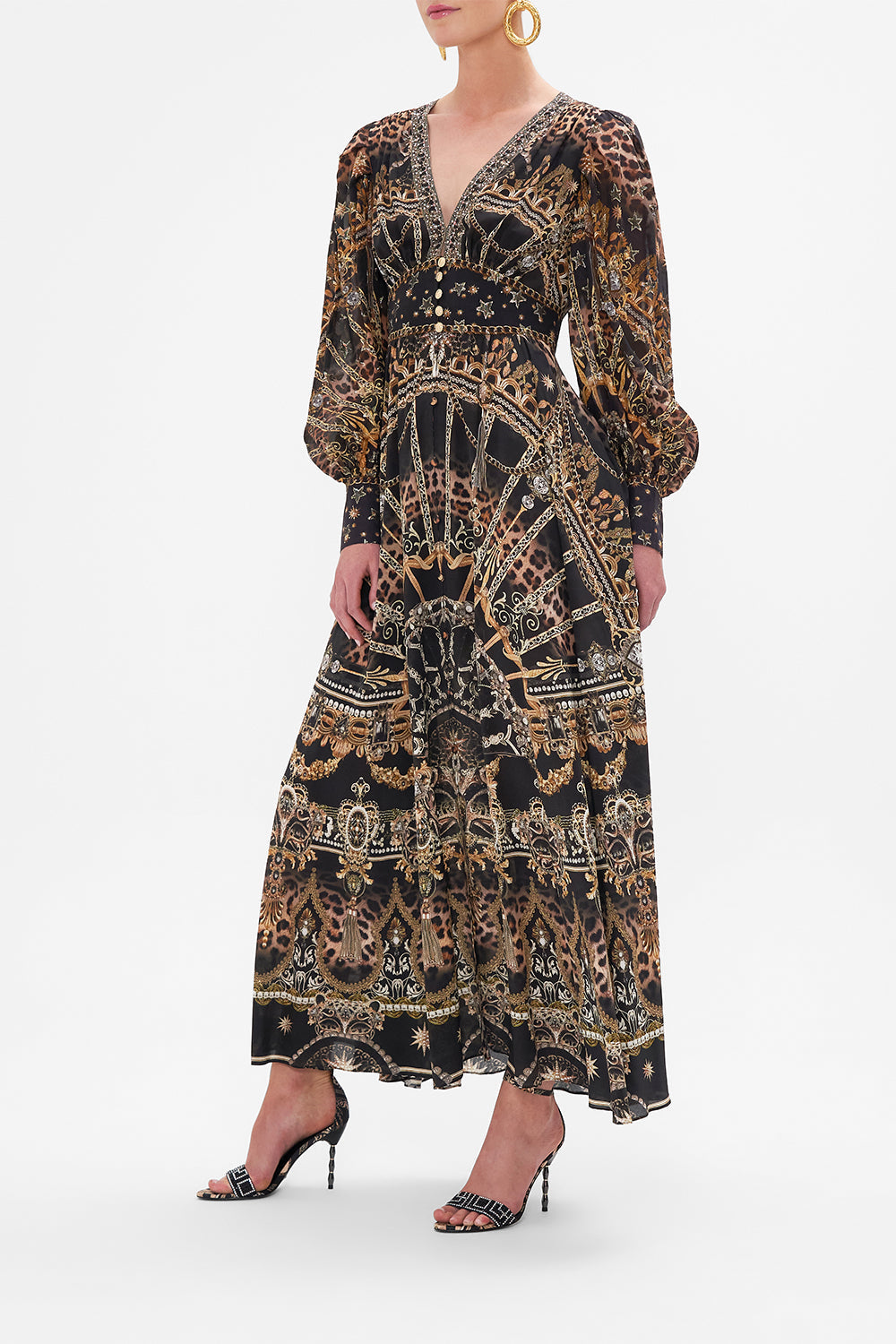 Side view of  model wearing CAMILLA silk dress in Masked Moonlight print