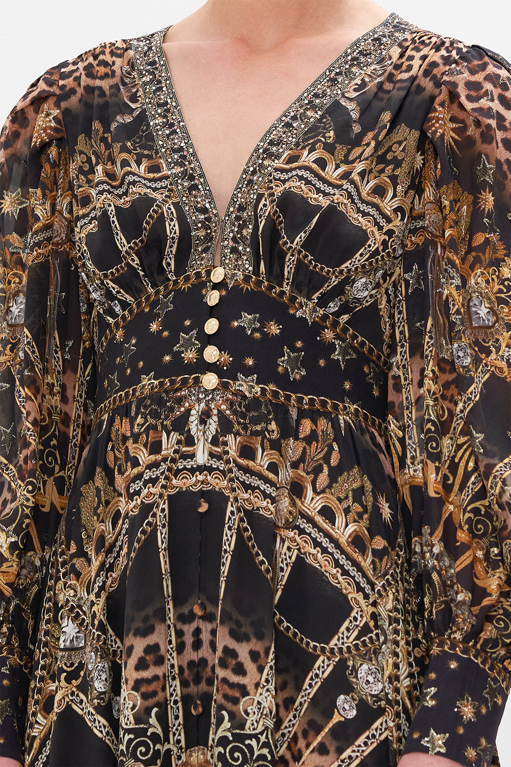 Detail view of model wearing CAMILLA silk dress in Masked Moonlight print