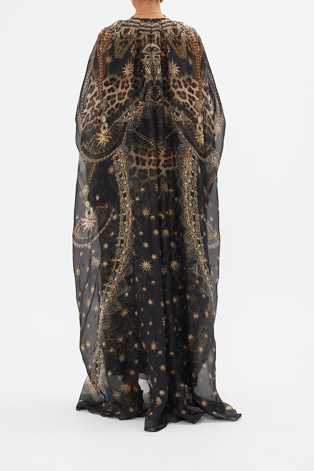 Back view of CAMILLA silk kimono layer black in Masked Moonlight print