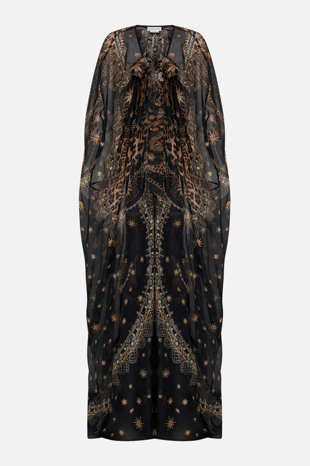 product view of CAMILLA tie front gathered layer black in Masked Moonlight print