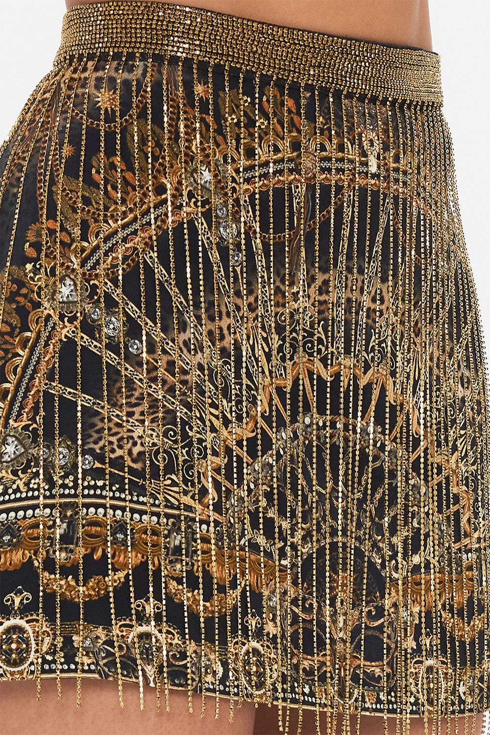 CAMILLA Crystal fringe mini skirt in Masked Moonlight print