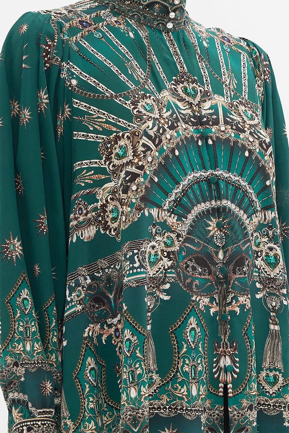 Detail view of model wearing CAMILLA silk blouse in A Venice Veil print