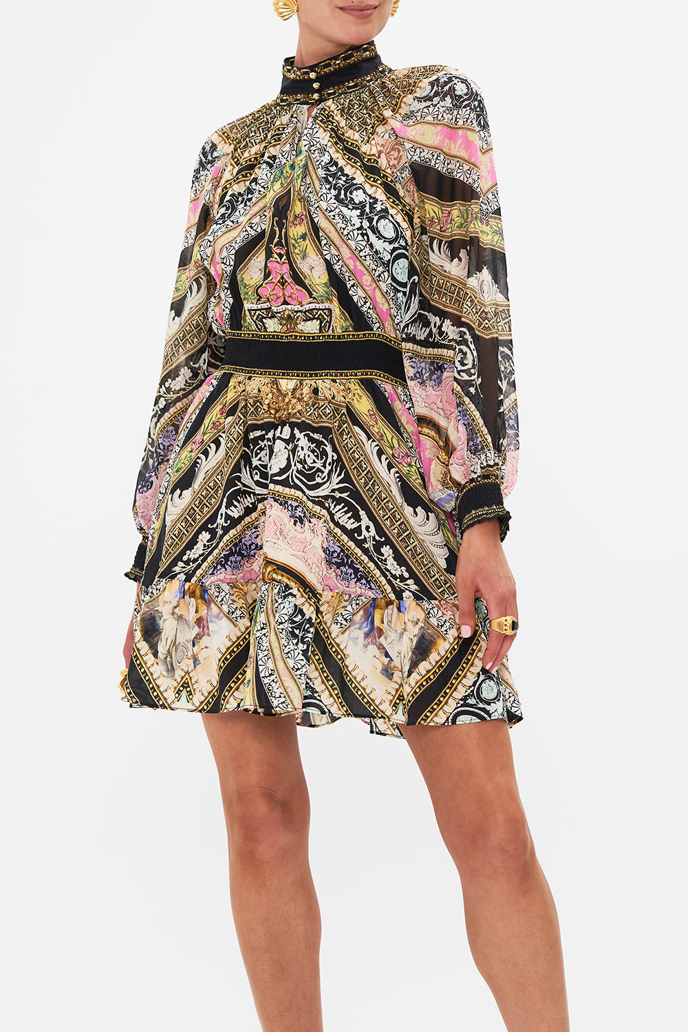 Crop view of model wearing CAMILLA high neck mini dress in Florence Field Day print